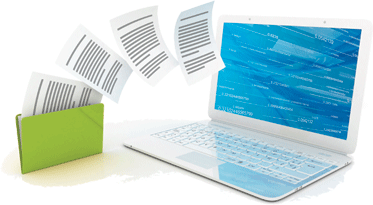 Documents flowing from a laptop representing a flow of information